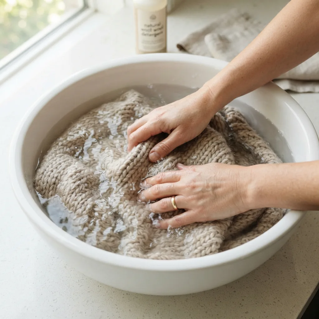A finished, plush knitted blanket is being gently hand washed in a basin.