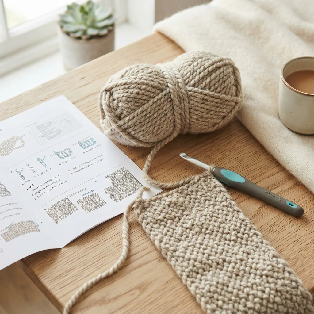 The Loops & Threads Crochet Kit - Cozy Winter Scarf with its yarn and hook laid out.