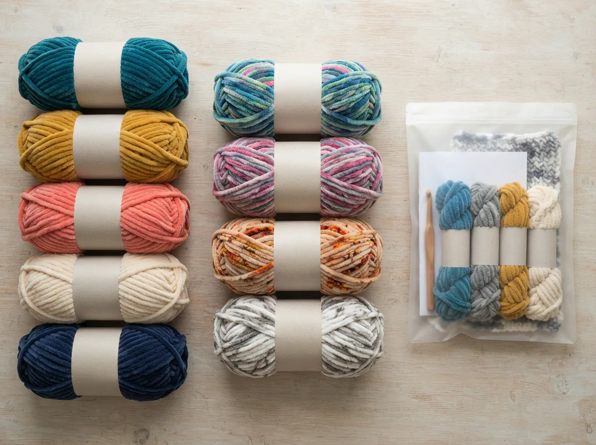 A flat lay arrangement showing the different varieties of Chenille Home Slim yarn: solid skeins, multi-tonal skeins, and a project kit.