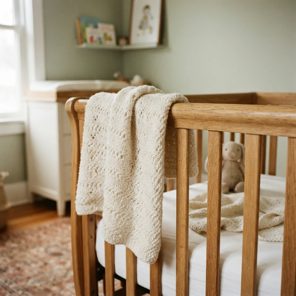 A soft, handmade baby blanket draped over a crib rail.