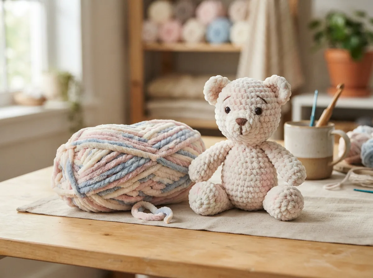 A skein of Marshmallow Twist Chenille yarn with a finished amigurumi toy