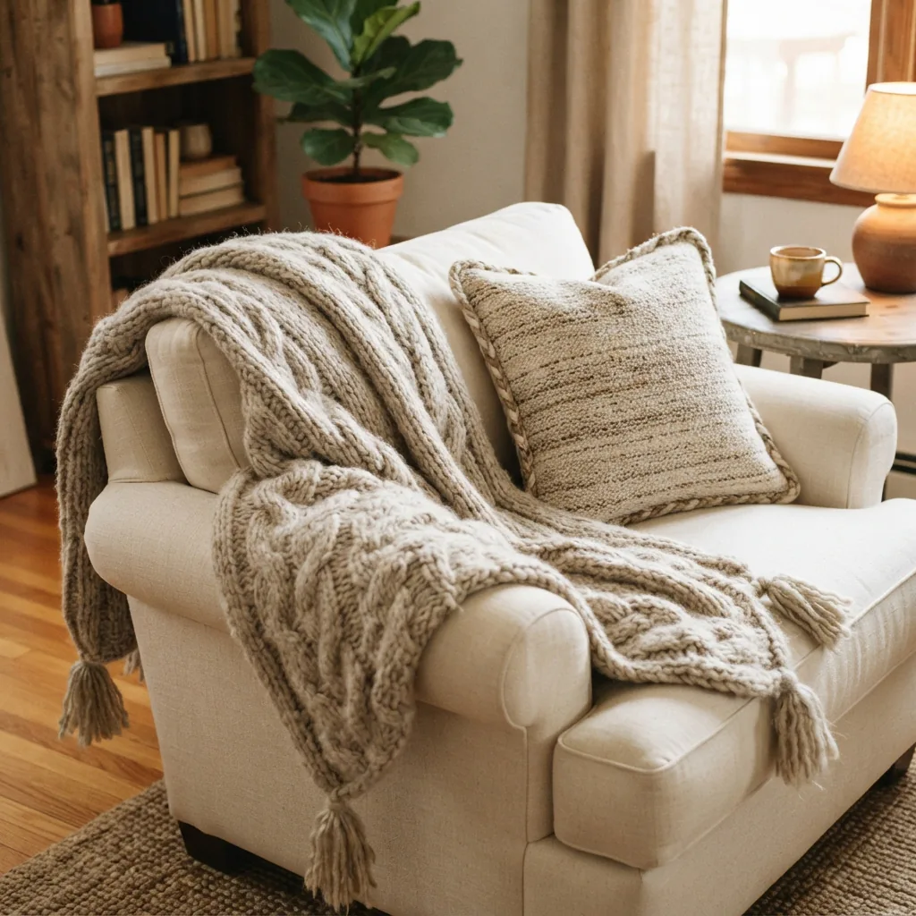 A thick, plush handmade afghan draped over a sofa with a coordinating pillow.