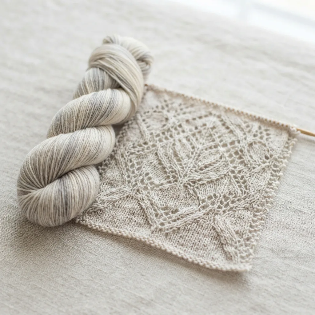 A skein of Petite Purl yarn next to a finely knitted lace swatch.