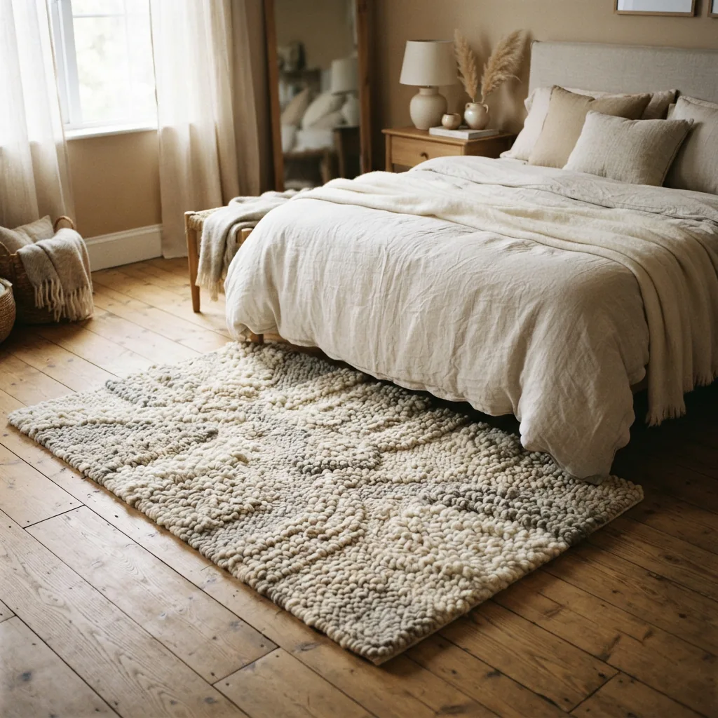 A textured punch needle rug placed at the foot of a bed.