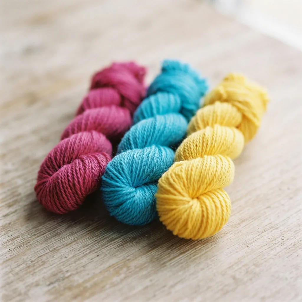 Several small skeins of Petite Purl Yarn in assorted vibrant colors.