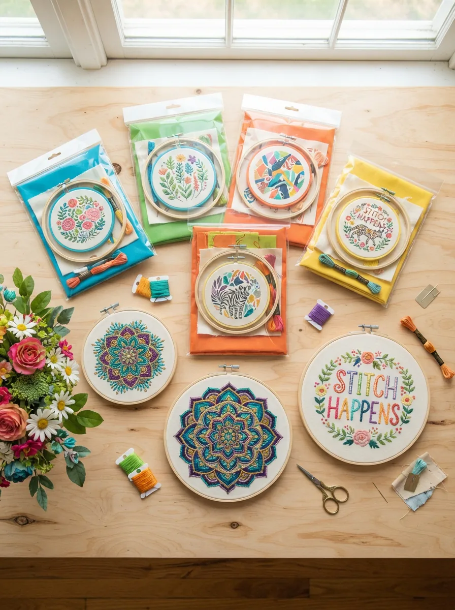 A collection of Loops & Threads embroidery kits displayed with finished examples