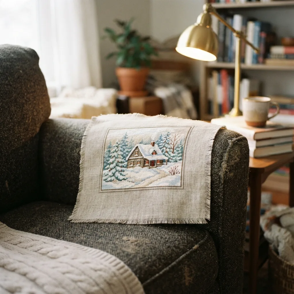 A cozy winter cabin cross stitch kit displayed on a wooden table next to a steaming mug.