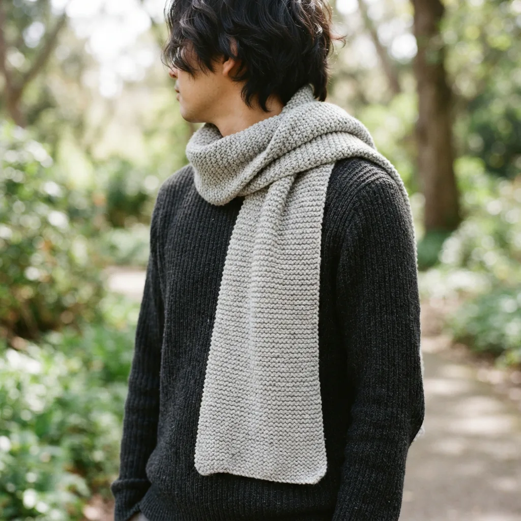 A person wearing a stylish, hand-knit Woolike yarn scarf while outdoors on a mild day.
