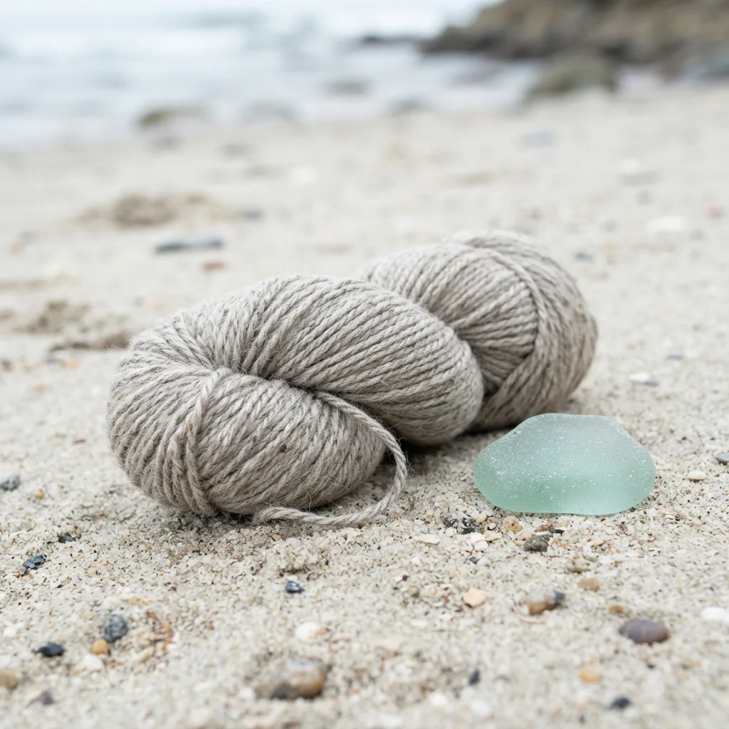 A skein of Loops And Threads Heathered Tweed Yarn in Coastal Fog with smooth sea glass.