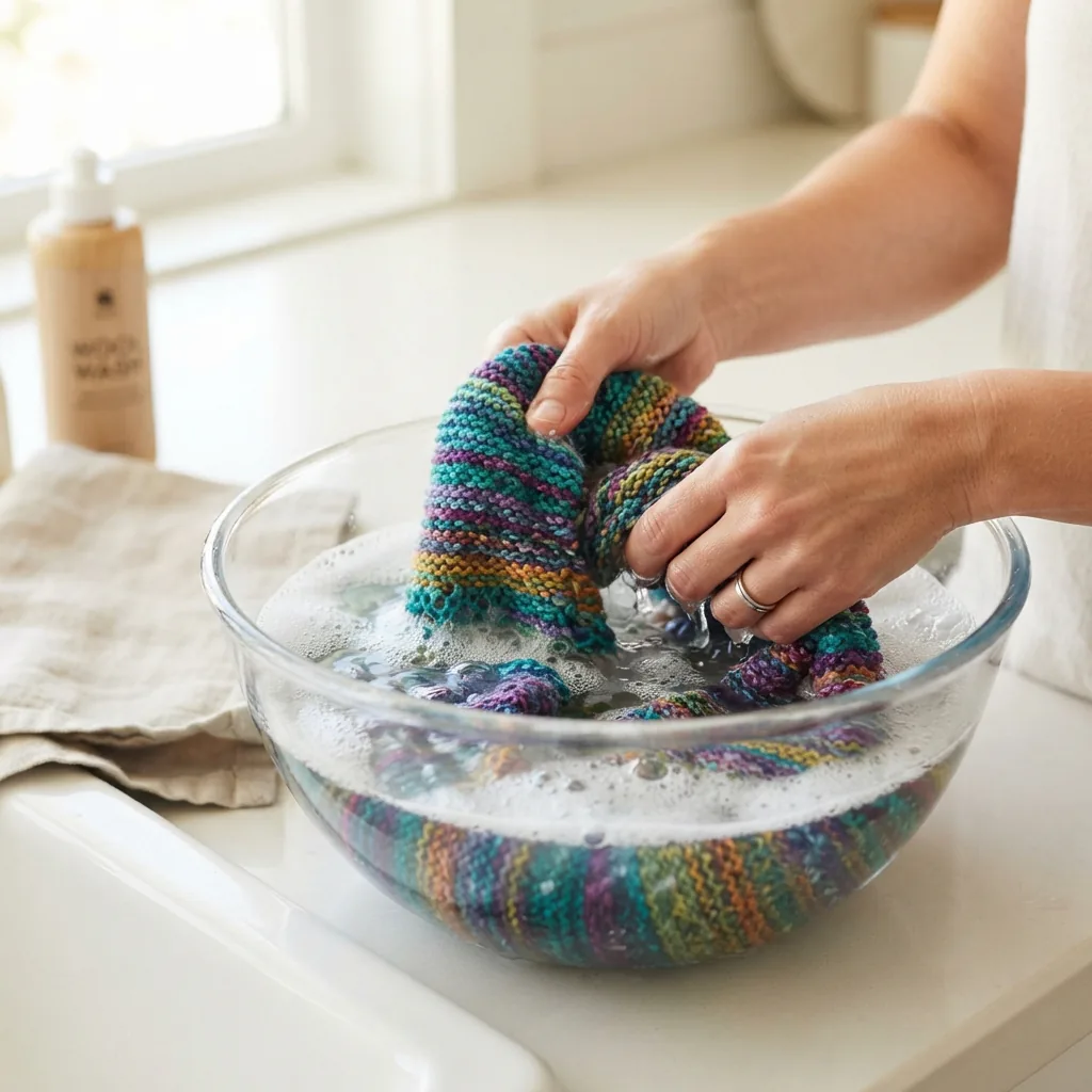 A finished knitted scarf being gently hand-washed in a basin of cool water.
