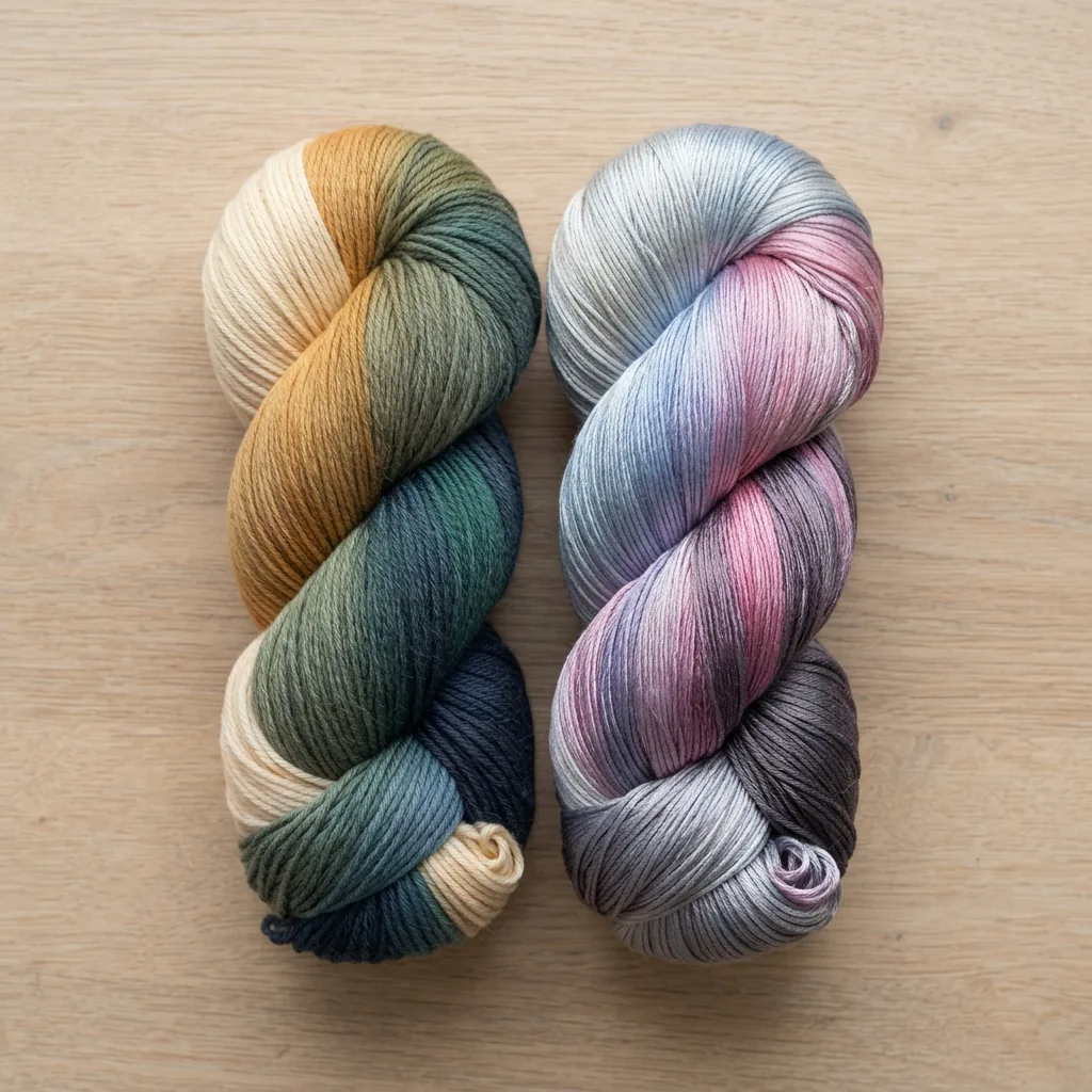 Two skeins of ombre yarn placed side-by-side on a wooden table, one with a subtle sheen and one with a matte finish.