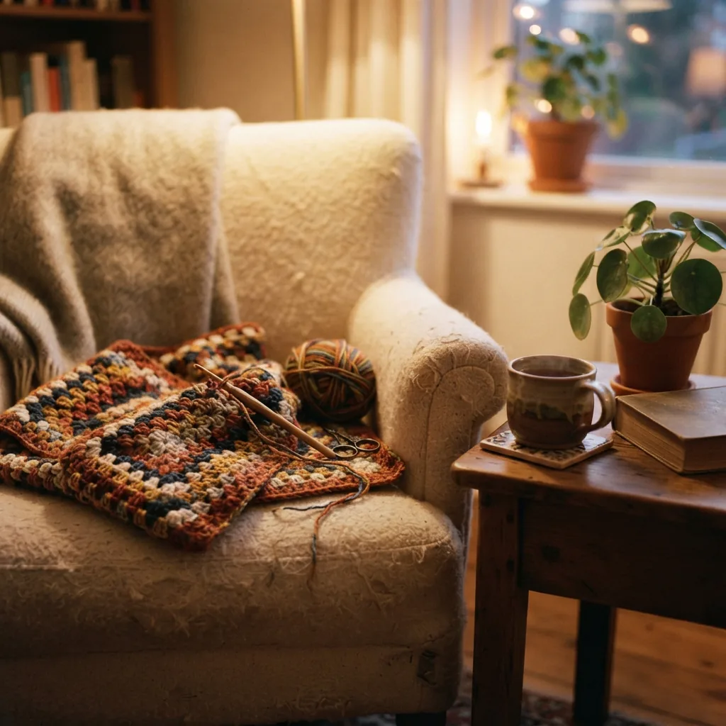 A cozy scene with a crochet kit project in progress on a comfortable chair beside a cup of tea.