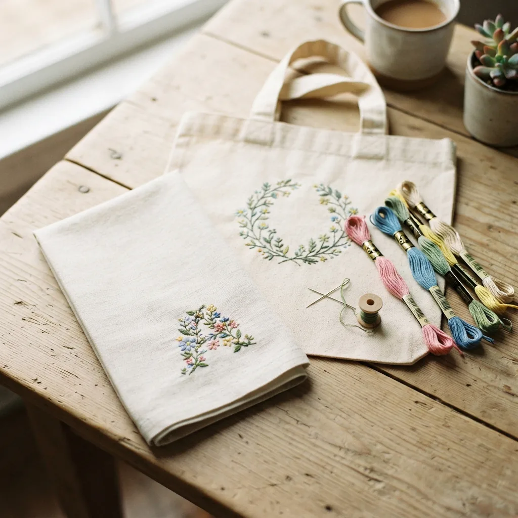 A monogrammed linen napkin and a decorated tote bag showcasing embroidery made with colorful floss.