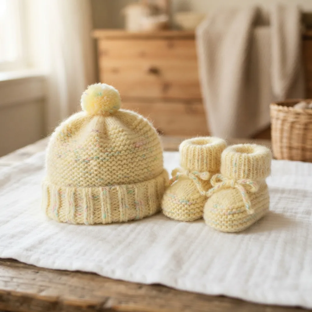 A hand-knit baby hat and a pair of booties made with soft pastel yellow Brushed Rainbow Yarn.