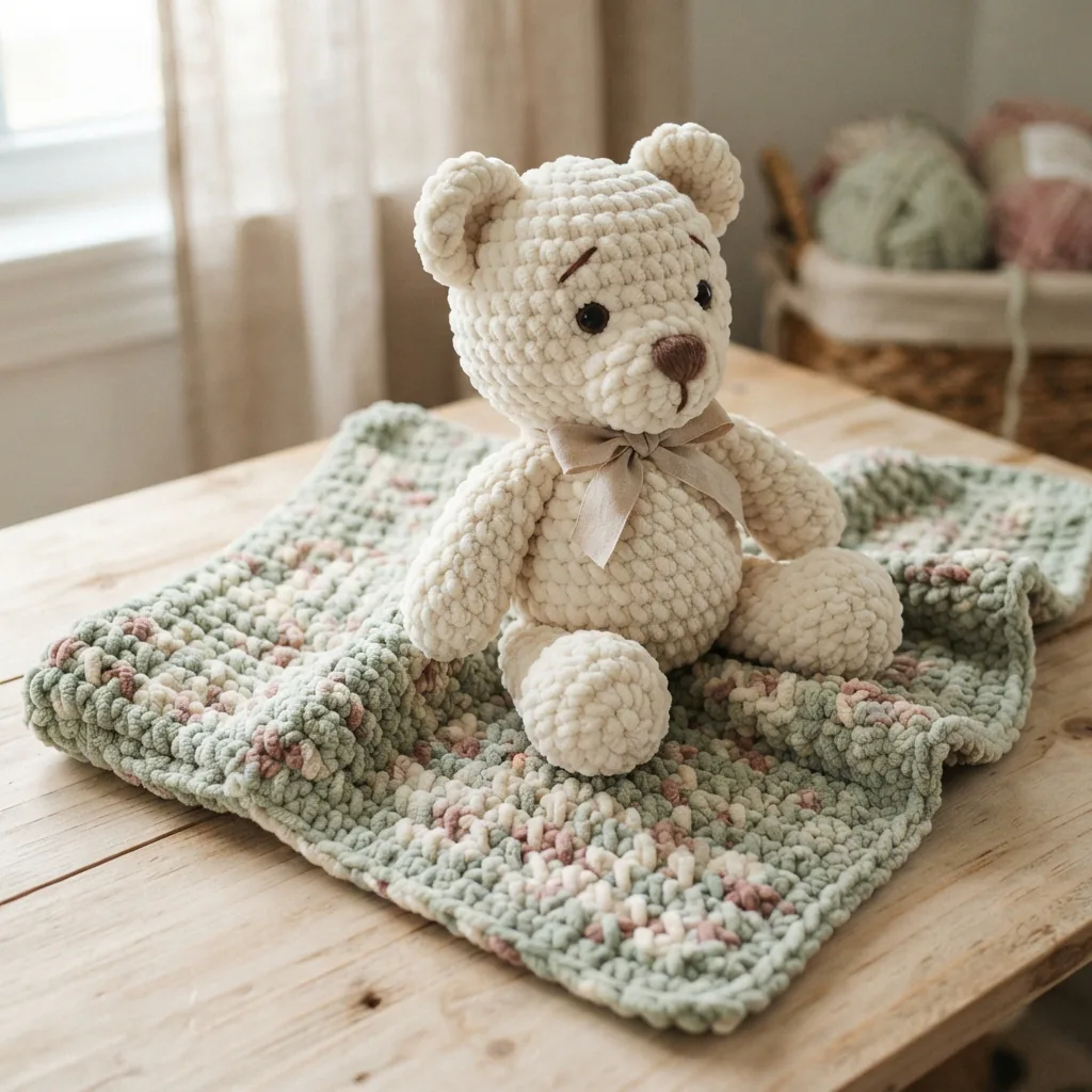 A plush stuffed animal and a soft baby blanket made from ultra-soft yarn.
