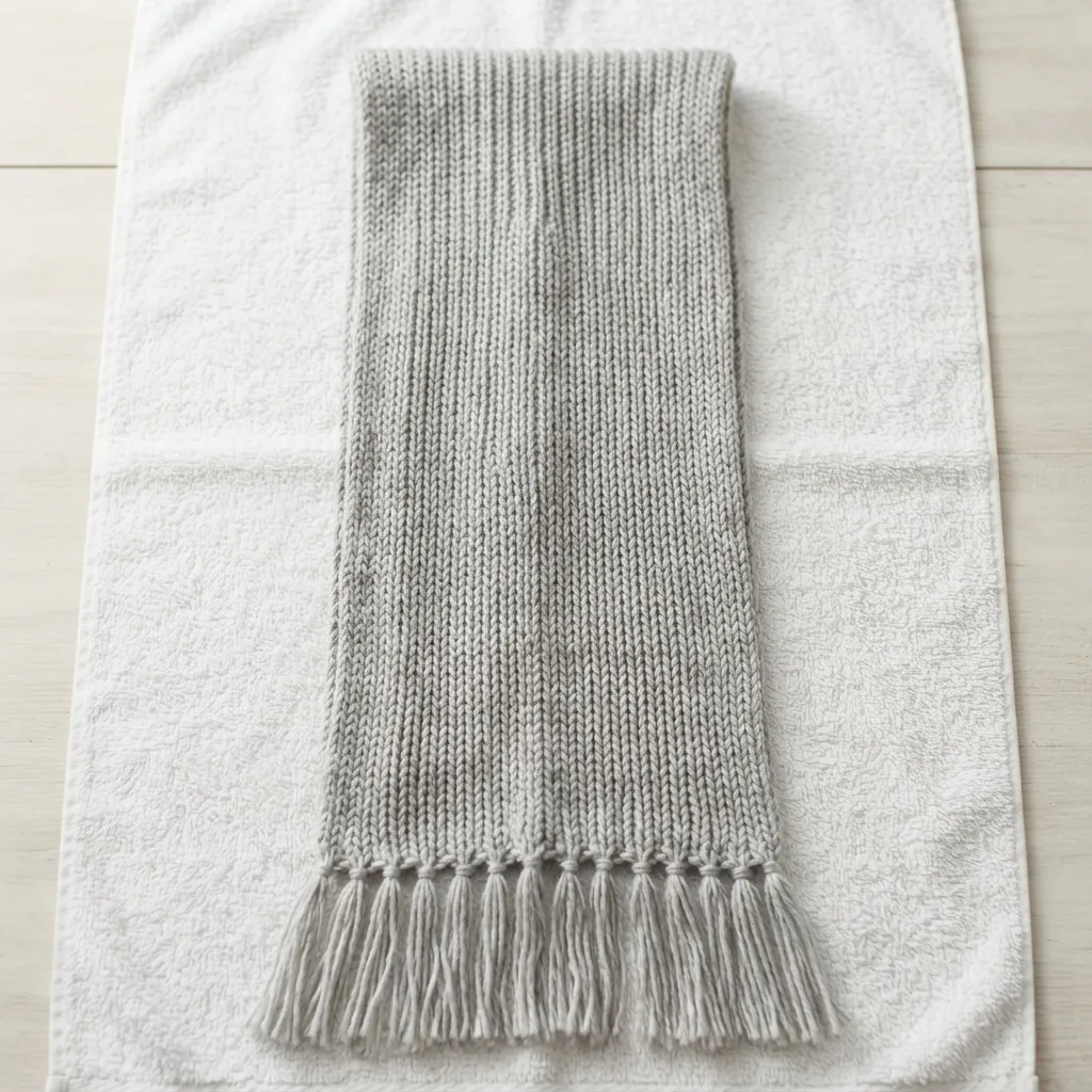 A washed knit scarf made from Soft & Shiny yarn laid flat on a white towel to air dry.