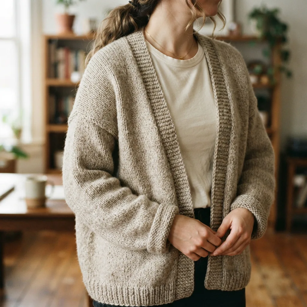 A person wearing a hand-knit cardigan over a simple shirt.