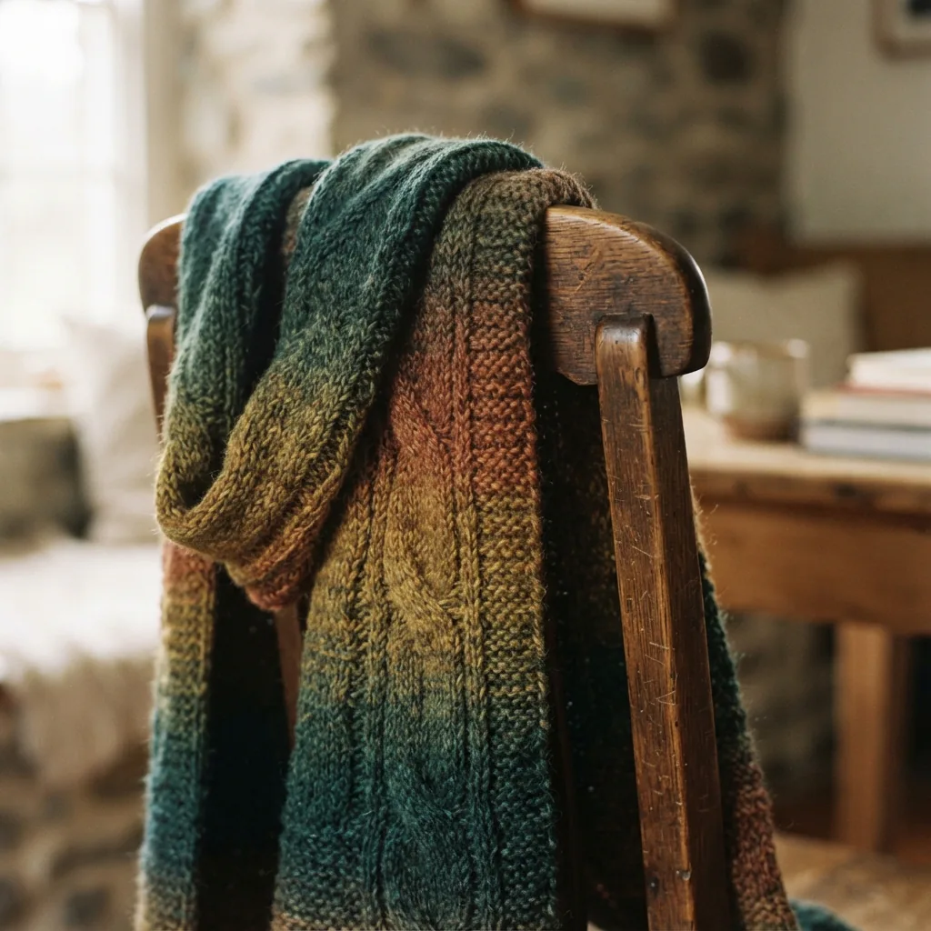 A knitted scarf with visible texture and color variation.
