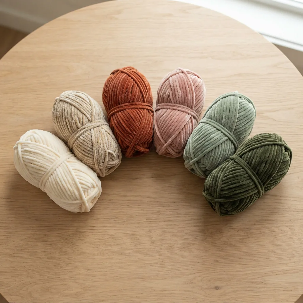A variety pack of Chenille Home Slim yarn skeins in coordinating solid and semi-solid colors, fanned out to show the palette.