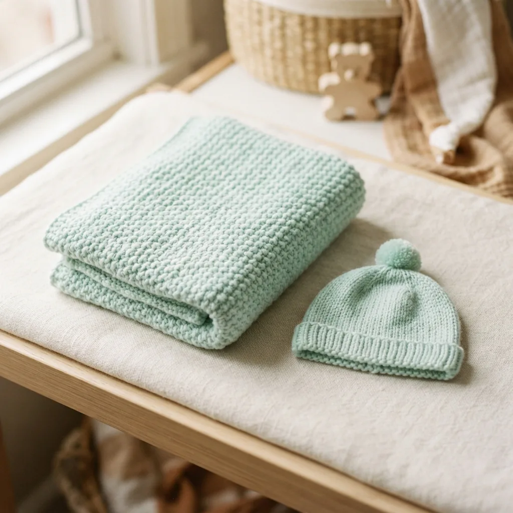 A cozy, handmade baby blanket folded neatly with a small knitted hat beside it.