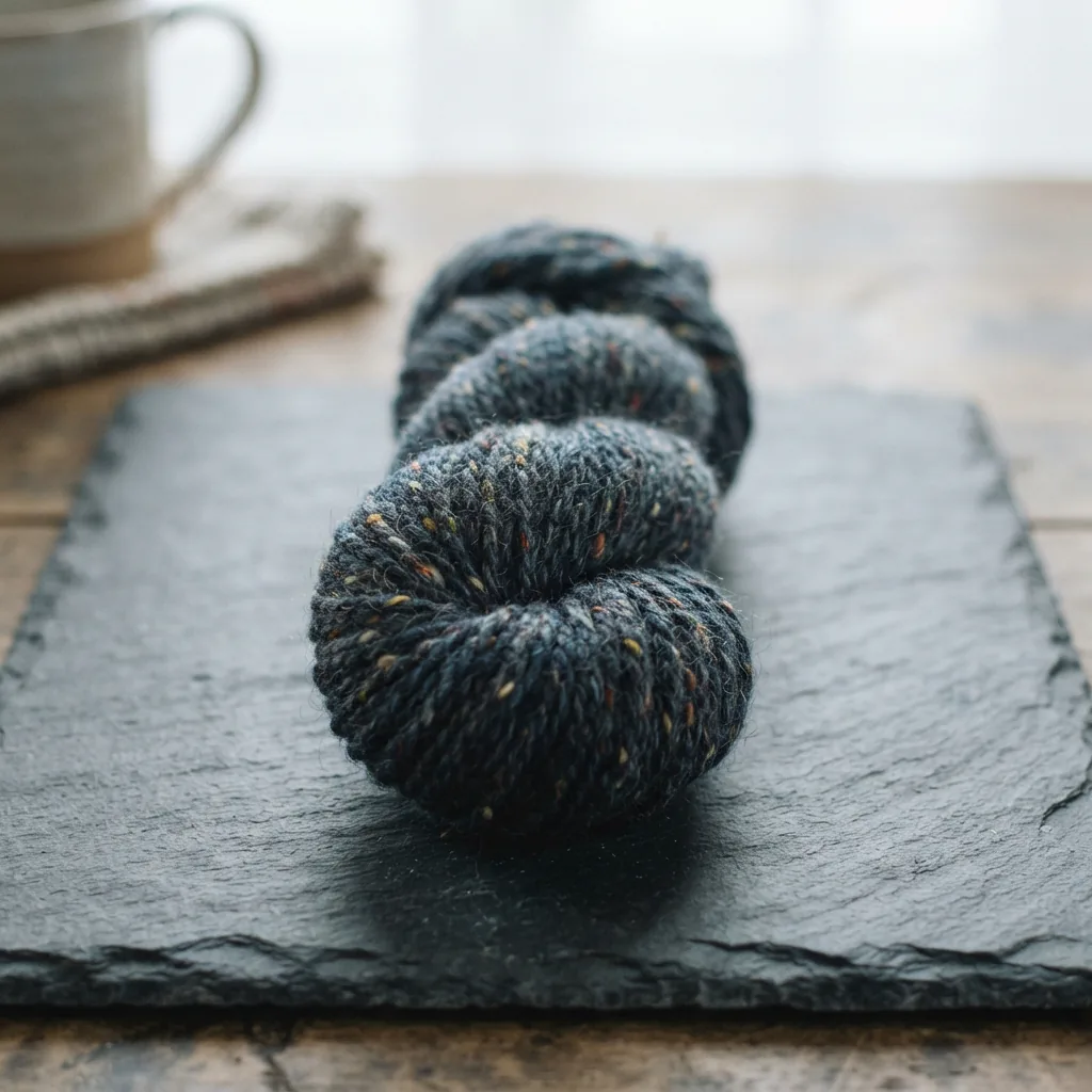 A skein of Loops And Threads Heathered Tweed Yarn in Stormy Skies blue-grey tones on a slate surface.