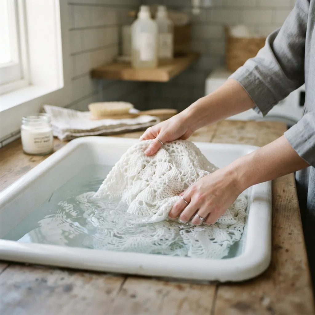 A finished white crocheted item being gently hand washed in a basin of cool water.