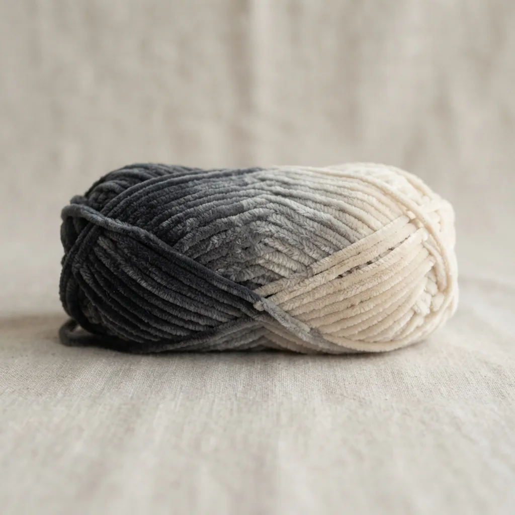 A skein of gradient-dyed Chenille Home Slim yarn showing a slow transition from one color to another.