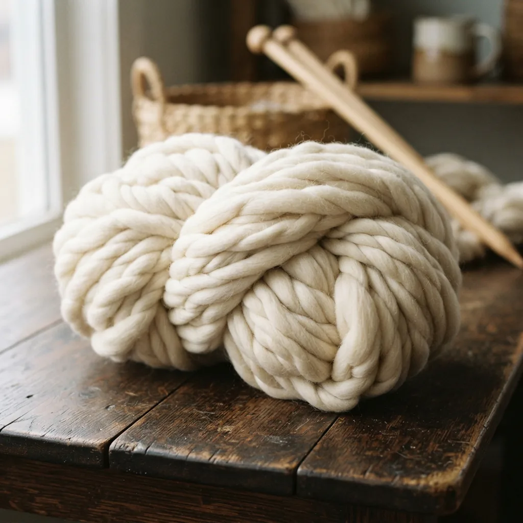 A very large, 16-ounce skein of Loops & Threads chunky yarn in classic cream.