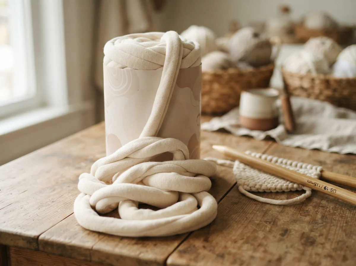 The Cuddle Craft Tube yarn with its yarn pulling out, ready to use.