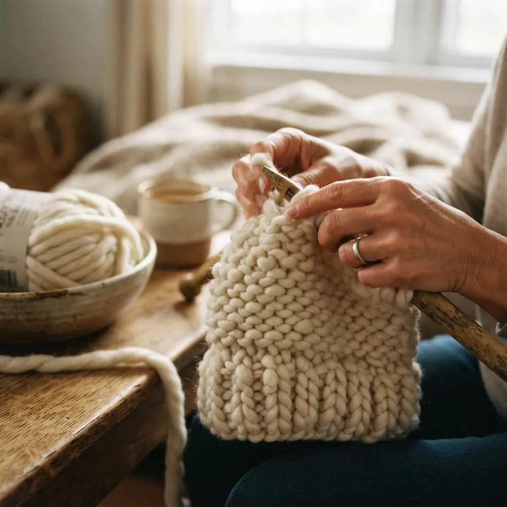 Hands knitting a chunky hat with thick yarn.