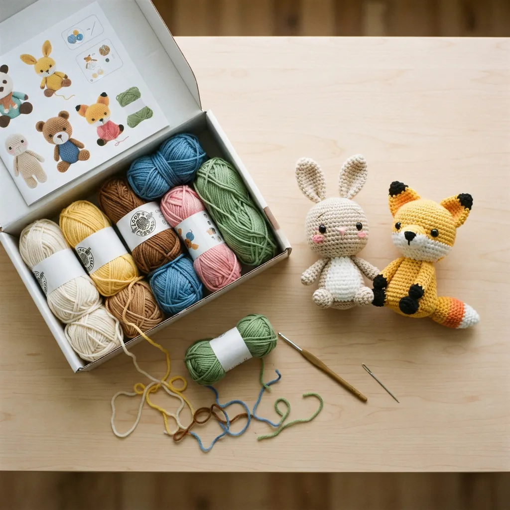 The Loops & Threads Crochet Kit - Amigurumi Animals with yarn, hook, and finished animal examples.