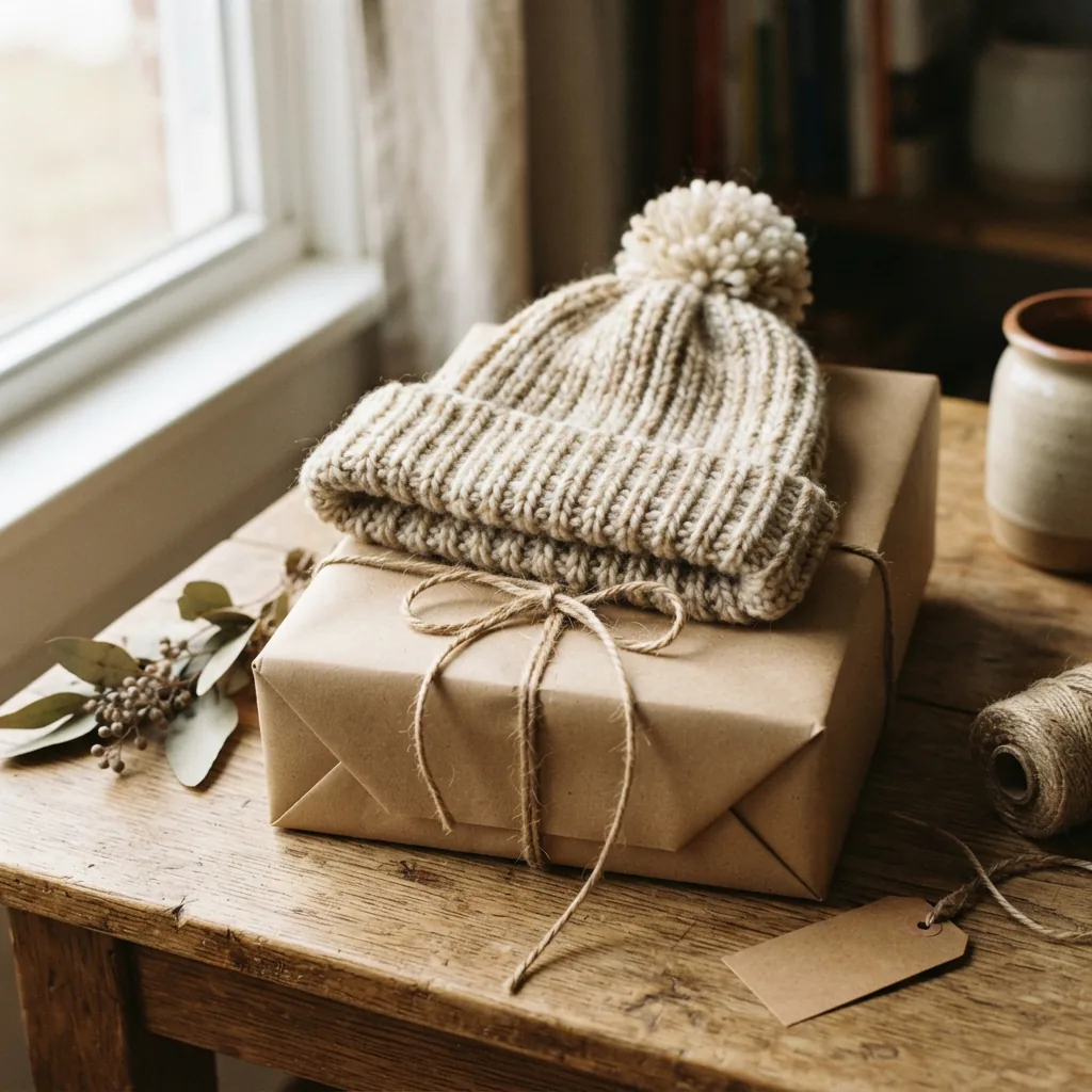 A gift-wrapped box with a handmade knit hat peeking out, ready to be given as a present.