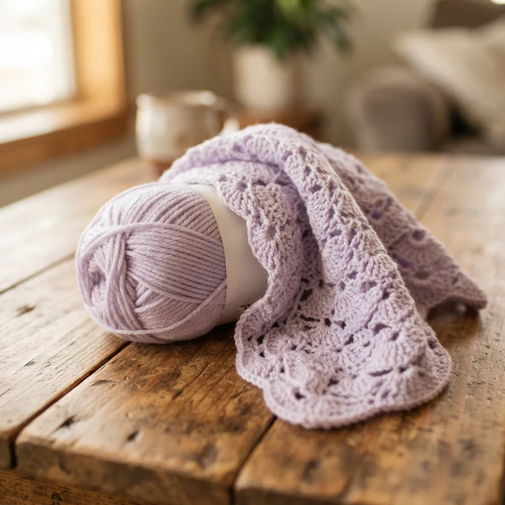 A skein of Loops & Threads Soft Classic acrylic yarn in a soft lavender, next to a crocheted baby blanket demonstrating its soft drape.