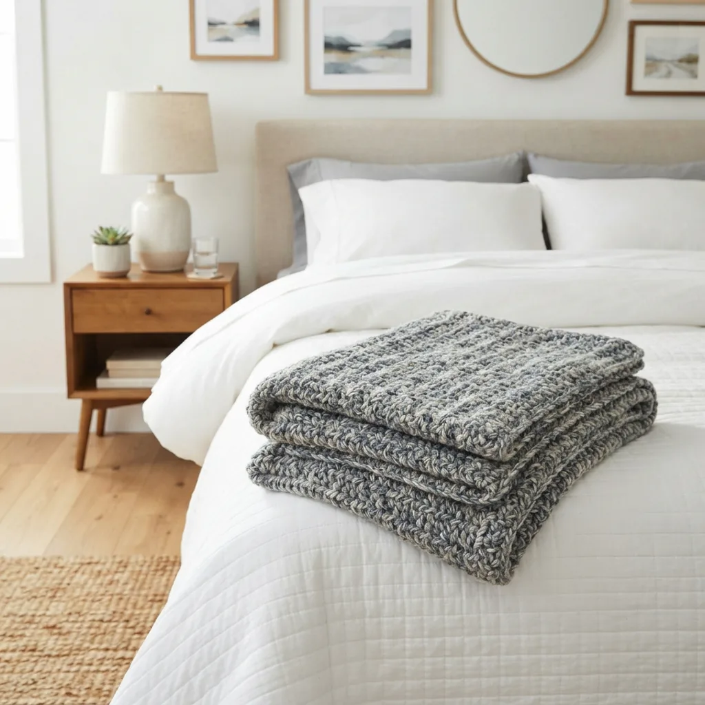 A folded, finished afghan blanket made with multi-marled yarn, placed on the edge of a bed.