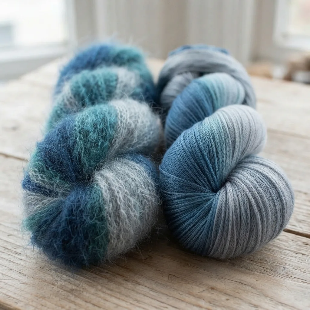 Two skeins of yarn side-by-side comparing the texture of fuzzy chain versus blown net.