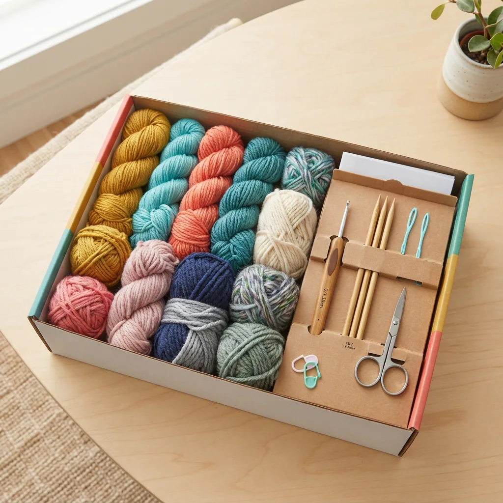 The multi-craft Loops and Threads Crochet Kit box with assorted yarns and tools visible inside.