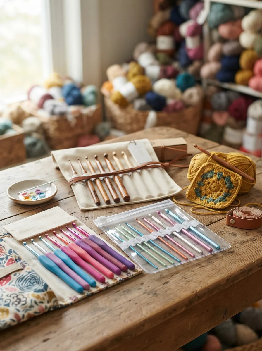 A variety of Loops & Threads crochet hook sets displayed on a craft table.