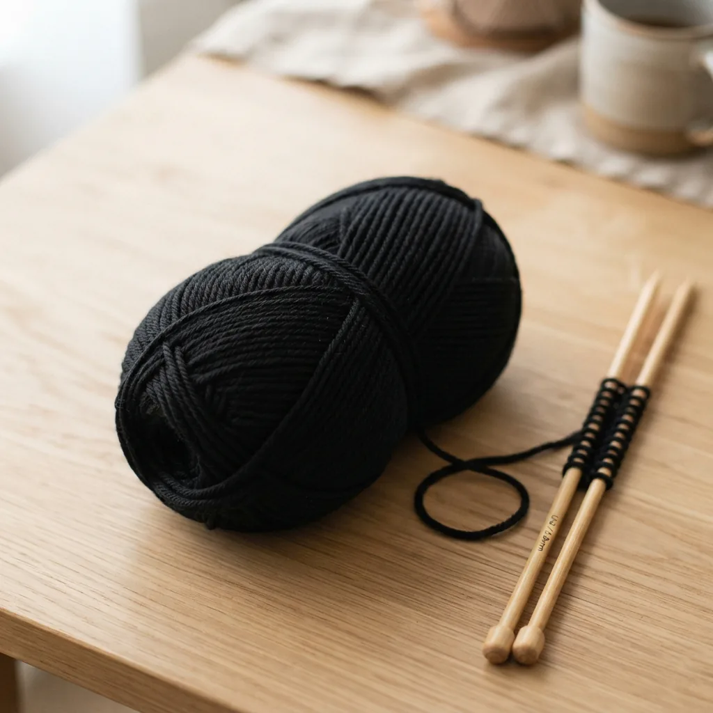 A skein of black Luxe Merino yarn on a wooden table with knitting needles.