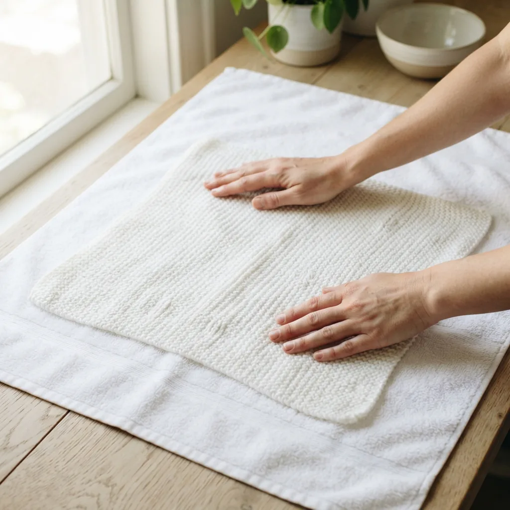 A damp, knitted cotton blanket being carefully reshaped by hand on a clean, white towel after washing.