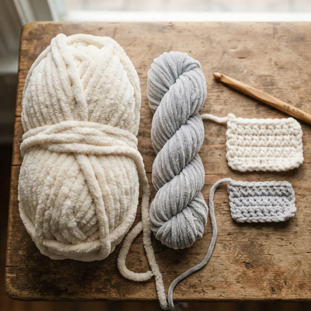 Comparing skeins of super bulky and medium weight chenille yarn side by side