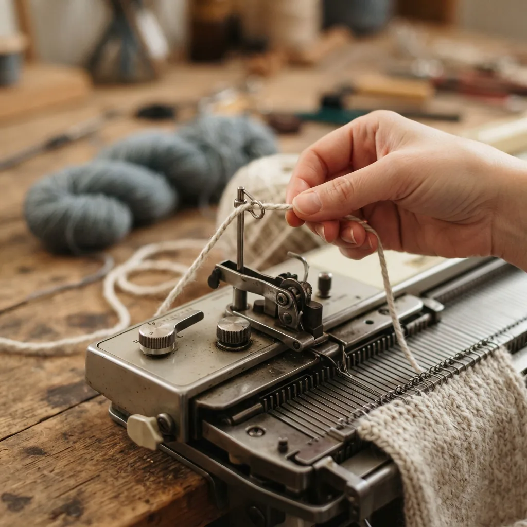 A knitting machine with a yarn guide and a spool of worsted weight yarn next to a skein of fine yarn.