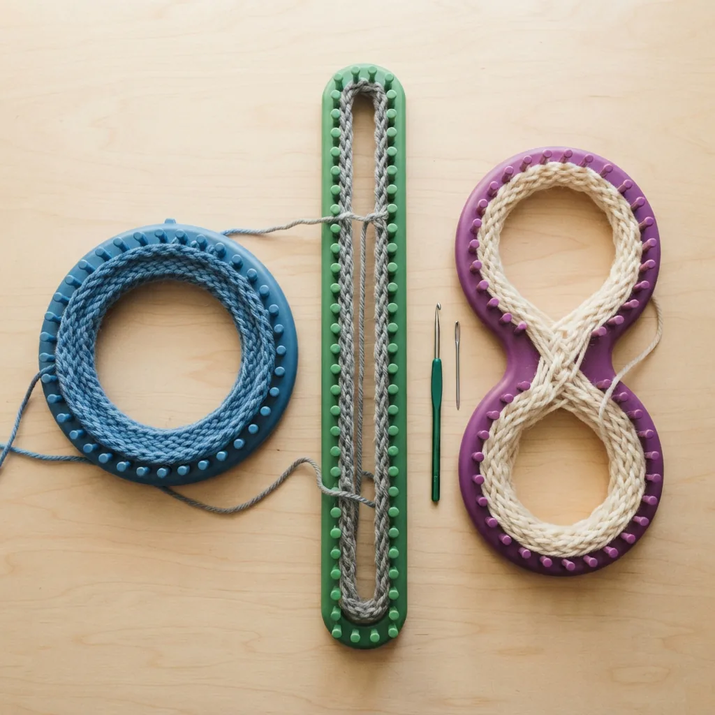 A collection of different shaped knitting looms for various projects.
