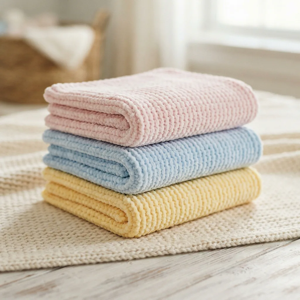 A neatly folded stack of baby blankets made from chenille yarn in pastel colors.