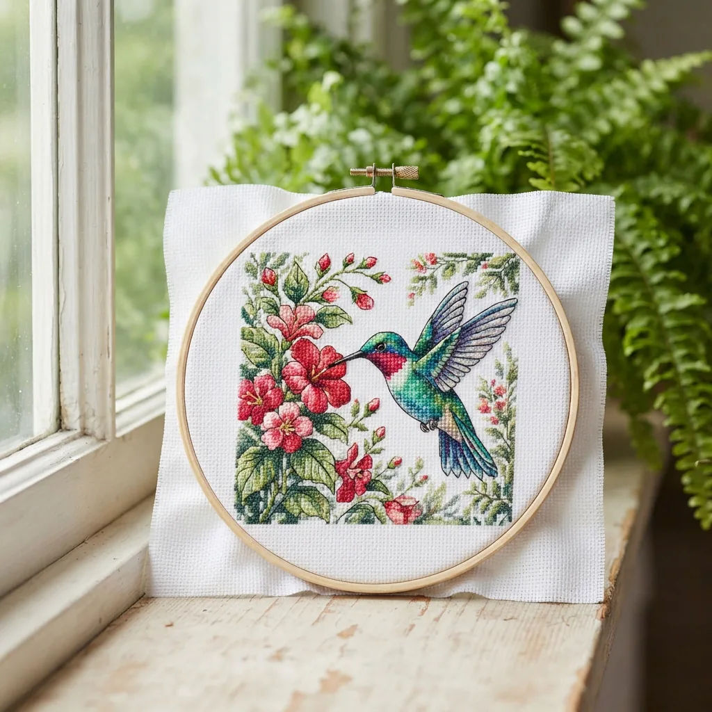 The Hummingbird counted cross stitch kit by Loops & Threads displaying a colorful bird design.