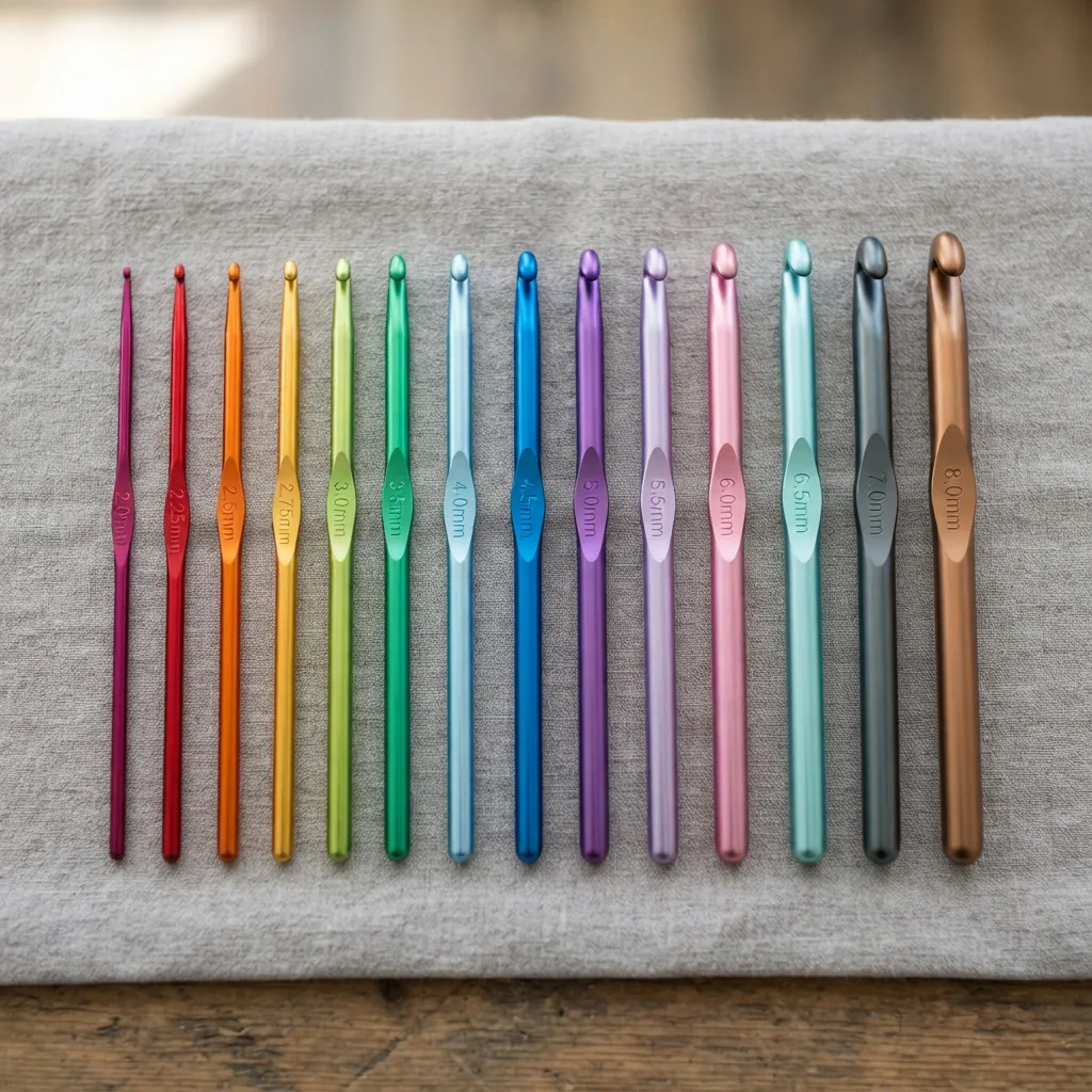 Set of colorful anodized aluminum crochet hooks arranged by size.