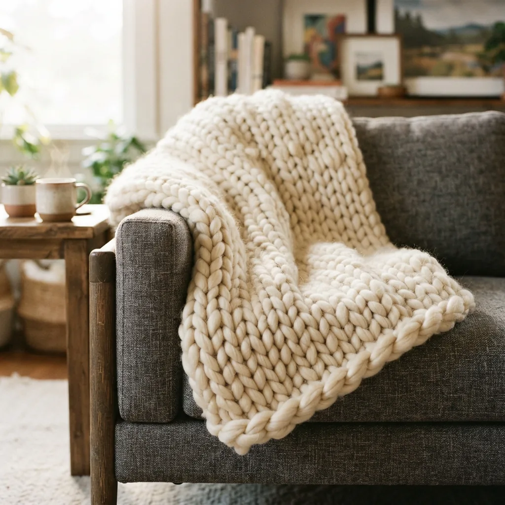 A cozy chunky knit blanket draped over the arm of a sofa.