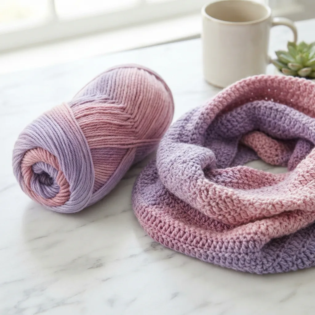 A skein of Soft OmbreTM Yarn by Loops & Threads® in a soft purple-to-pink gradient, displayed next to a crocheted cowl.