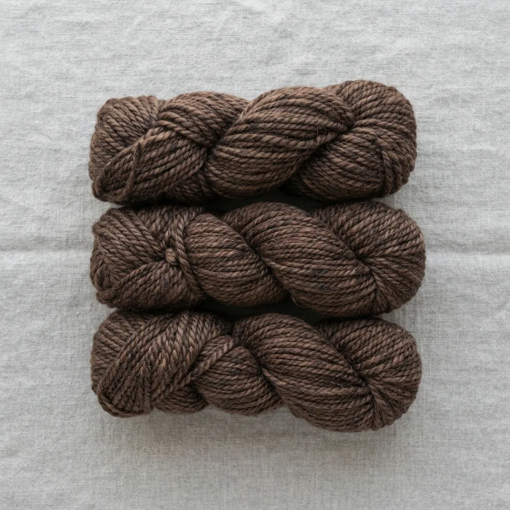 A set of three Barcelona Yarn skeins in a Mocha color, bundled together.