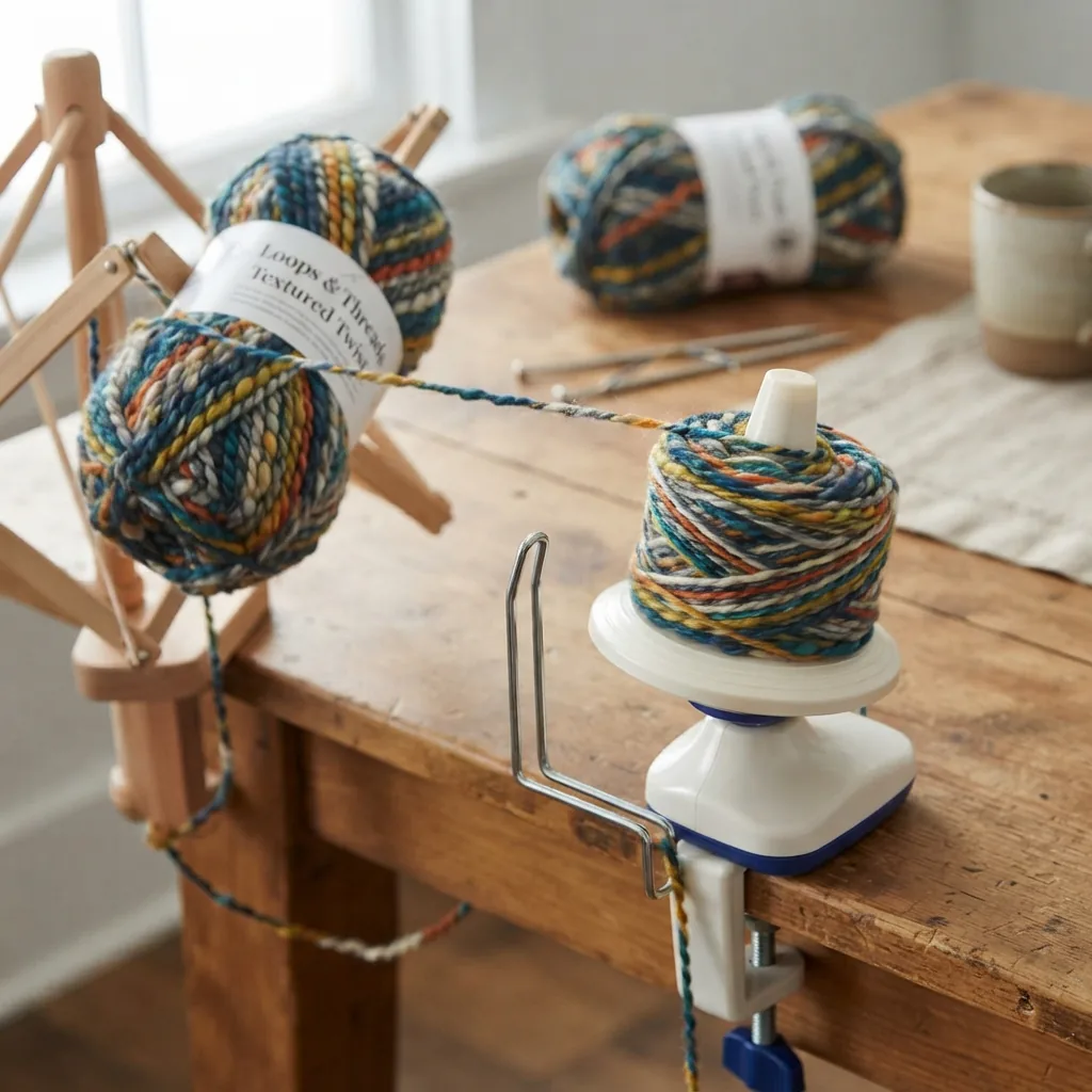 A skein of Textured Twist yarn being wound into a yarn cake on a yarn winder.