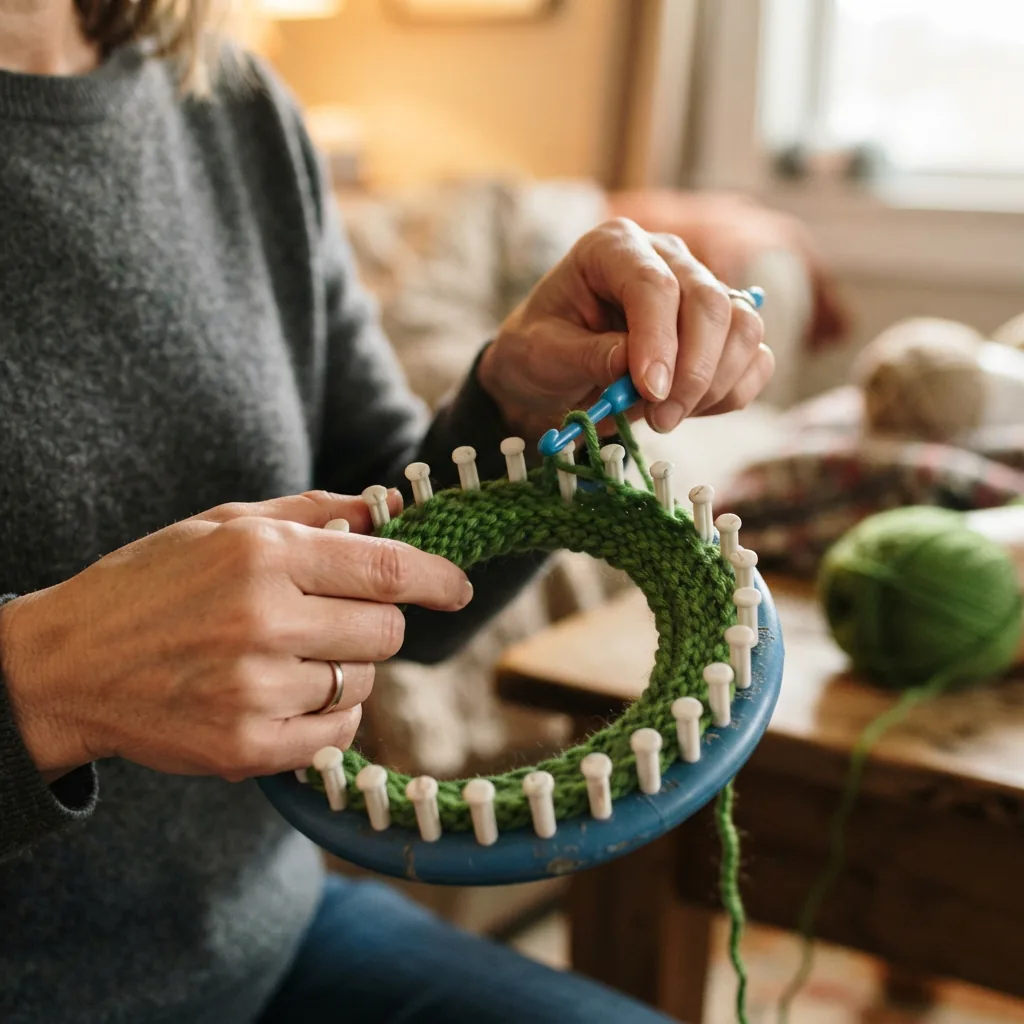 A person's hands using a hook to loop yarn over a peg on a knitting loom.